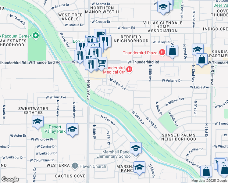 map of restaurants, bars, coffee shops, grocery stores, and more near 5757 West Eugie Avenue in Glendale