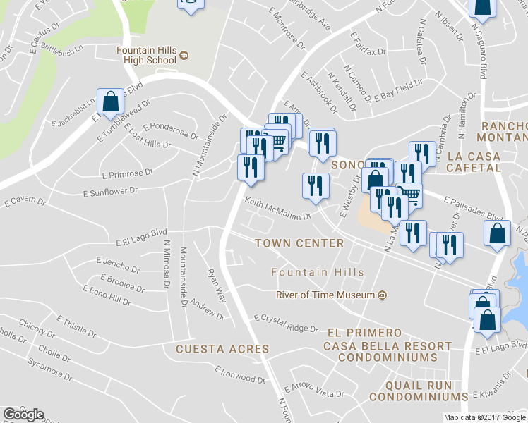 map of restaurants, bars, coffee shops, grocery stores, and more near 16282 East Chiquita Drive in Fountain Hills