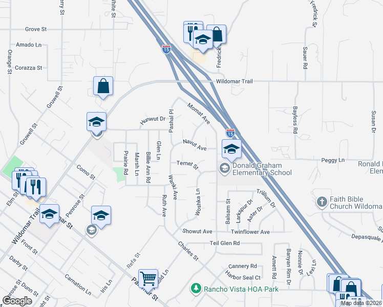 map of restaurants, bars, coffee shops, grocery stores, and more near 35369 Chiwi Circle in Wildomar