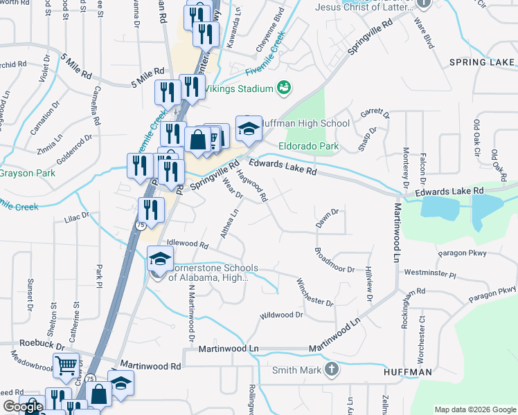 map of restaurants, bars, coffee shops, grocery stores, and more near 841 Wear Drive in Birmingham