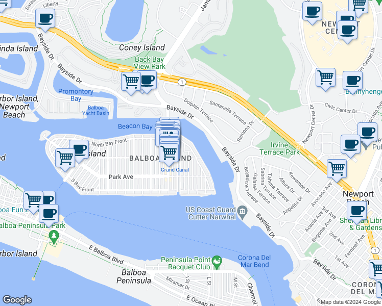 map of restaurants, bars, coffee shops, grocery stores, and more near 311 Crystal Avenue in Newport Beach