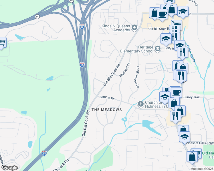 map of restaurants, bars, coffee shops, grocery stores, and more near 5430 Old Bill Cook Road in Atlanta
