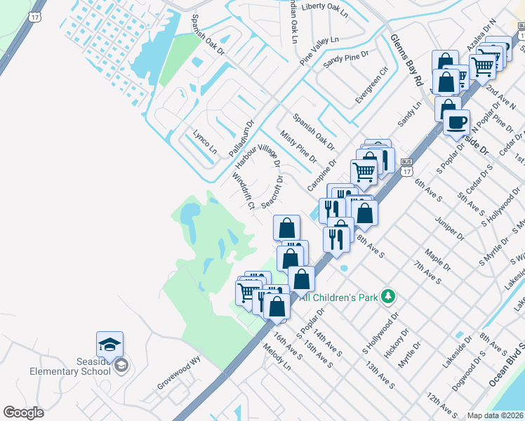 map of restaurants, bars, coffee shops, grocery stores, and more near 1500 Docksider Court in Myrtle Beach