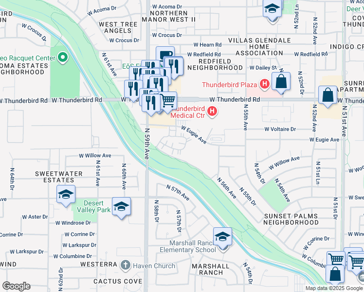 map of restaurants, bars, coffee shops, grocery stores, and more near 5757 West Eugie Avenue in Glendale