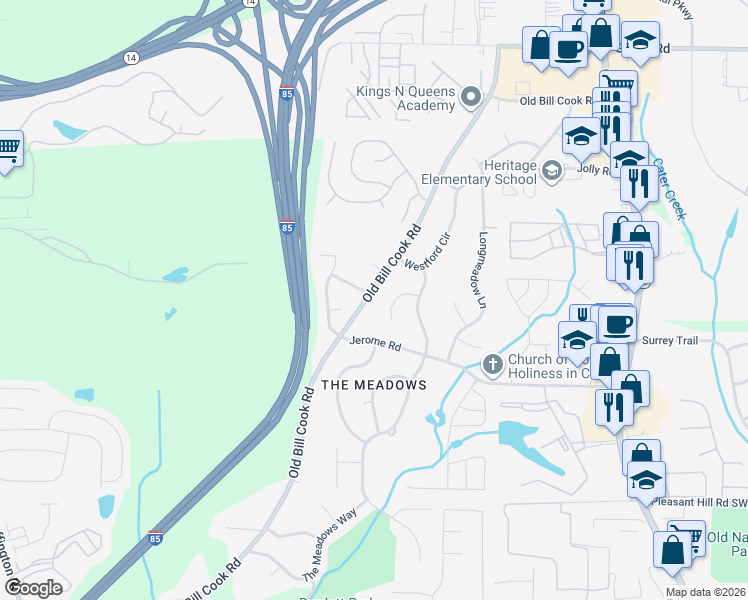 map of restaurants, bars, coffee shops, grocery stores, and more near 5430 Old Bill Cook Road in Atlanta
