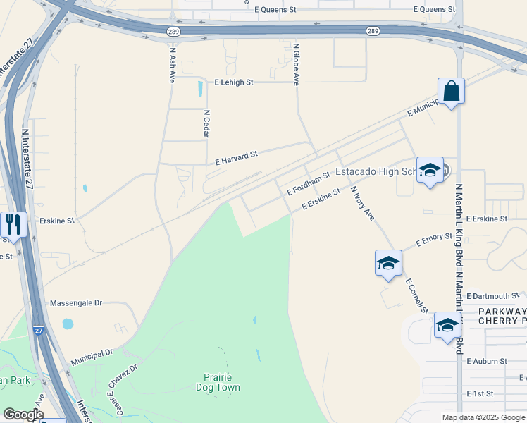 map of restaurants, bars, coffee shops, grocery stores, and more near 510 East Fordham Street in Lubbock