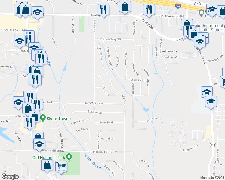 map of restaurants, bars, coffee shops, grocery stores, and more near 5435 Orly Terrace in Atlanta