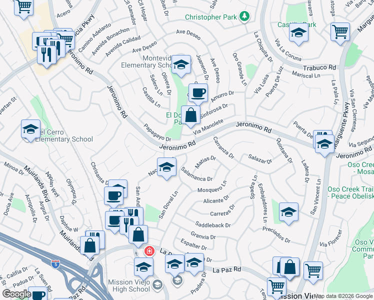 map of restaurants, bars, coffee shops, grocery stores, and more near 26511 Naccome Drive in Mission Viejo