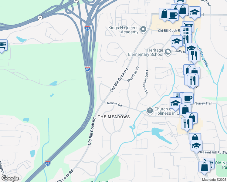 map of restaurants, bars, coffee shops, grocery stores, and more near 5430 Old Bill Cook Road in Atlanta