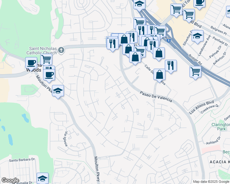 map of restaurants, bars, coffee shops, grocery stores, and more near in Laguna Woods