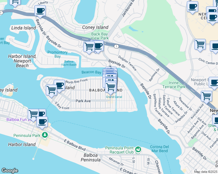 map of restaurants, bars, coffee shops, grocery stores, and more near 310 Marine Avenue in Newport Beach