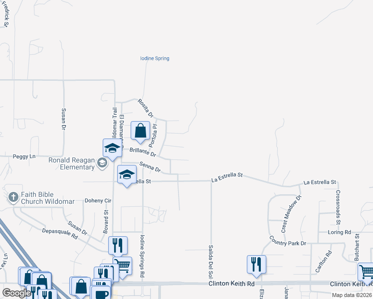 map of restaurants, bars, coffee shops, grocery stores, and more near 24383 Topacio Court in Wildomar