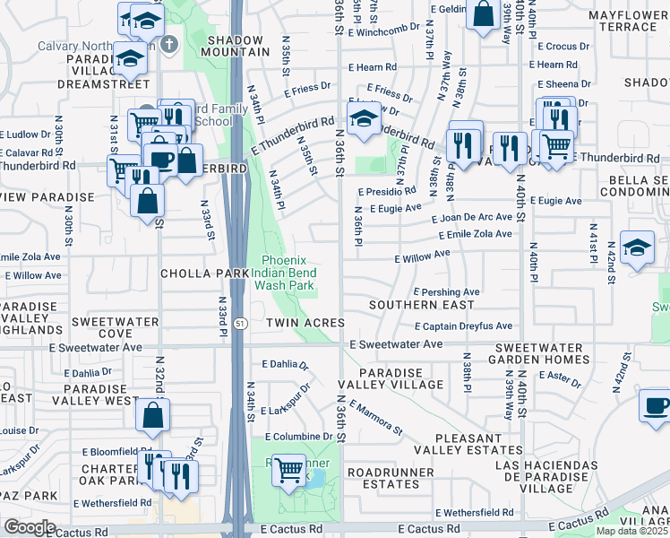 map of restaurants, bars, coffee shops, grocery stores, and more near 13238 North 36th Street in Phoenix