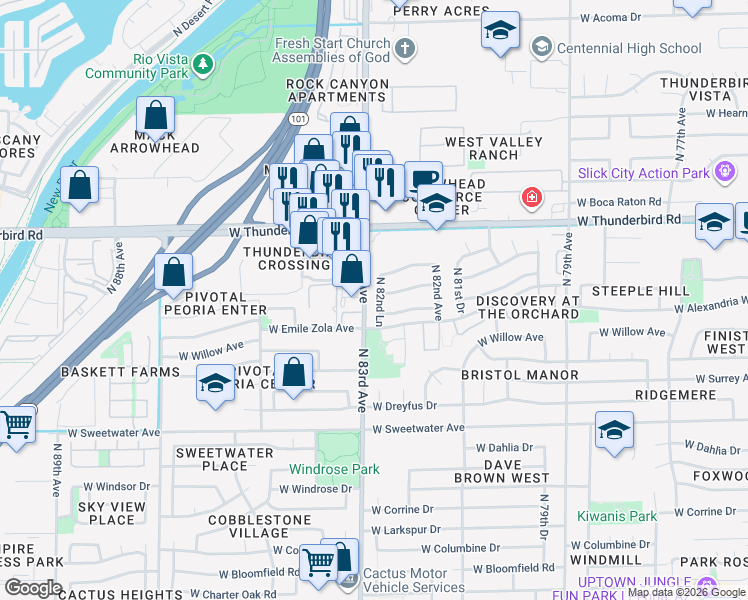 map of restaurants, bars, coffee shops, grocery stores, and more near 13630 North 82nd Lane in Peoria