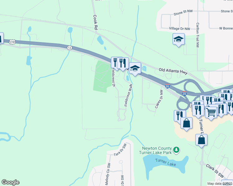 map of restaurants, bars, coffee shops, grocery stores, and more near 112 Fieldcrest Drive in Covington