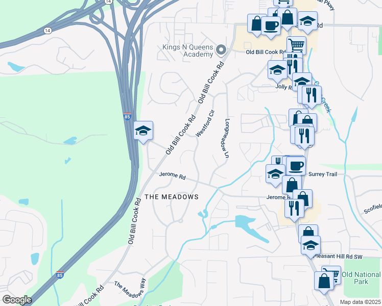 map of restaurants, bars, coffee shops, grocery stores, and more near 2760 Swansea Court in College Park