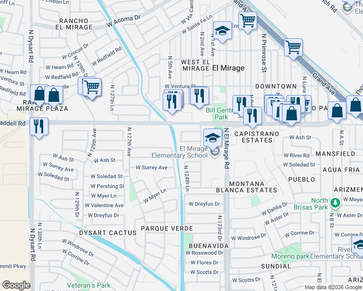 map of restaurants, bars, coffee shops, grocery stores, and more near 12449 West Willow Avenue in El Mirage