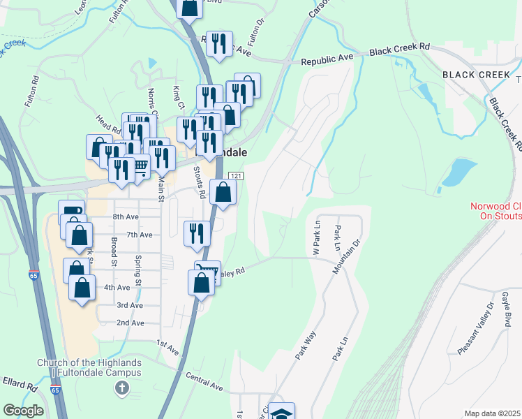 map of restaurants, bars, coffee shops, grocery stores, and more near 3499 Burlington Drive in Fultondale