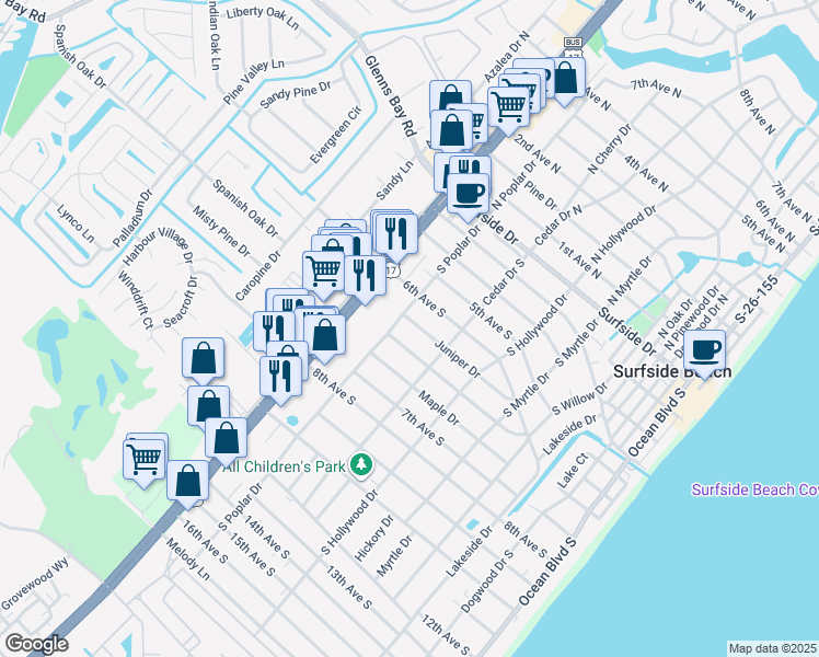 map of restaurants, bars, coffee shops, grocery stores, and more near 725 Juniper Drive in Surfside Beach