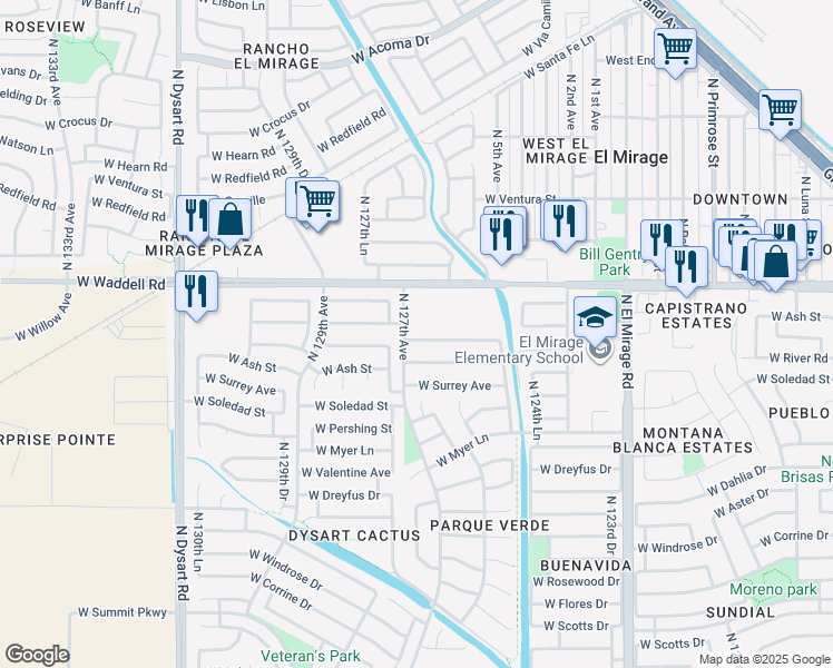 map of restaurants, bars, coffee shops, grocery stores, and more near 12701 West Voltaire Avenue in El Mirage