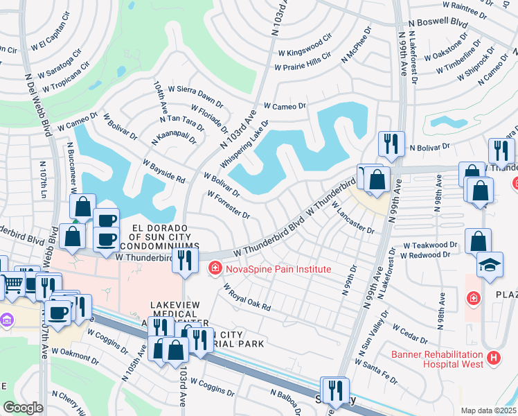 map of restaurants, bars, coffee shops, grocery stores, and more near 10105 West Bolivar Drive in Sun City