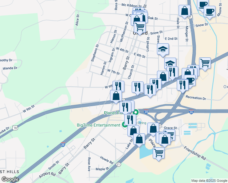map of restaurants, bars, coffee shops, grocery stores, and more near 1334 Barry Street in Oxford