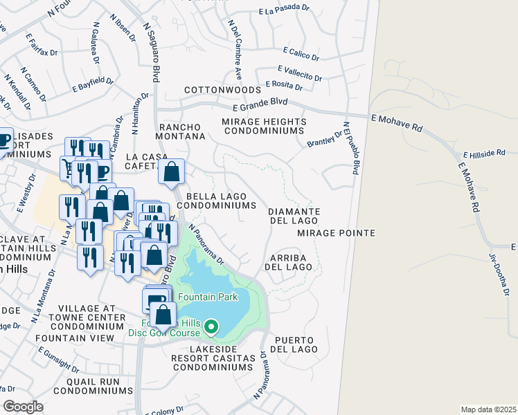 map of restaurants, bars, coffee shops, grocery stores, and more near 16800 Vista Del Lago in Fountain Hills