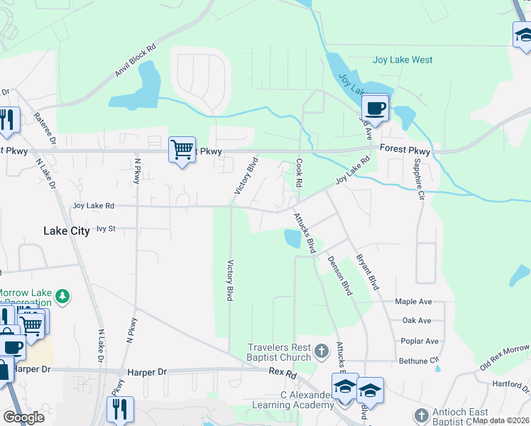 map of restaurants, bars, coffee shops, grocery stores, and more near 2079 Joy Lake Road in Morrow