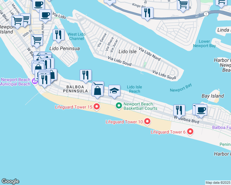 map of restaurants, bars, coffee shops, grocery stores, and more near 2 East Bay Avenue in Newport Beach
