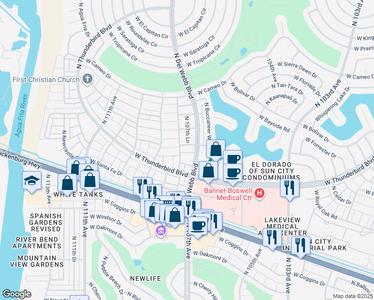 map of restaurants, bars, coffee shops, grocery stores, and more near 10713 West Buccaneer Way in Sun City