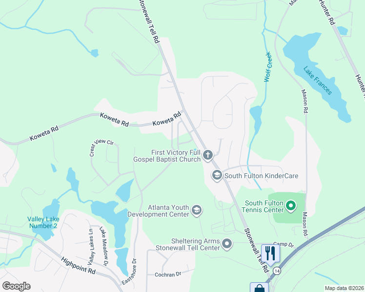 map of restaurants, bars, coffee shops, grocery stores, and more near 5395 Valley Lake Road in College Park