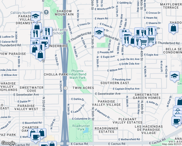 map of restaurants, bars, coffee shops, grocery stores, and more near 13238 North 36th Street in Phoenix