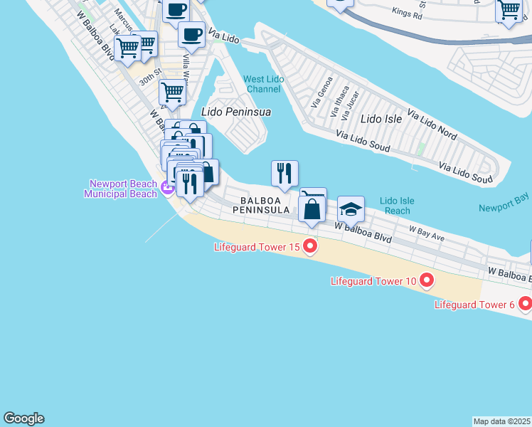 map of restaurants, bars, coffee shops, grocery stores, and more near 1709 West Balboa Boulevard in Newport Beach