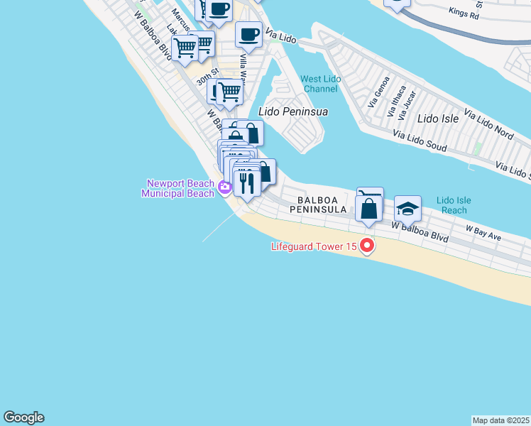 map of restaurants, bars, coffee shops, grocery stores, and more near 1909 Court Street in Newport Beach