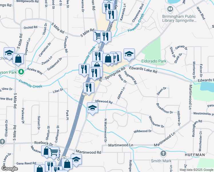 map of restaurants, bars, coffee shops, grocery stores, and more near 701 Springville Road in Birmingham