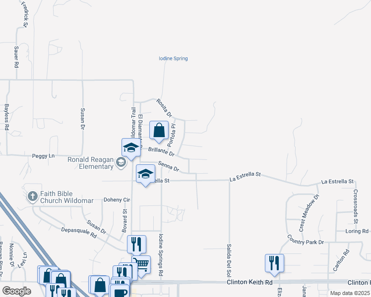 map of restaurants, bars, coffee shops, grocery stores, and more near 24271 Topacio Court in Wildomar