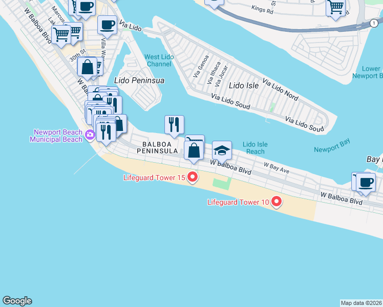 map of restaurants, bars, coffee shops, grocery stores, and more near 1510 West Balboa Boulevard in Newport Beach