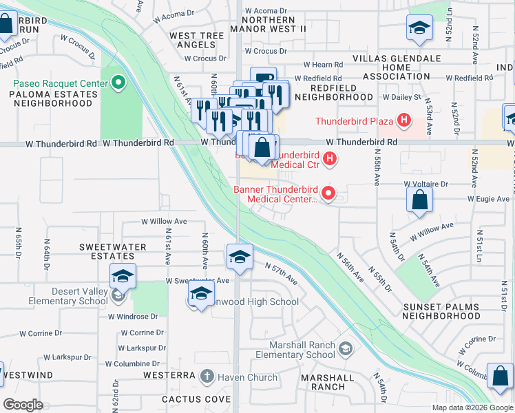 map of restaurants, bars, coffee shops, grocery stores, and more near North Thunderbird Drive in Glendale