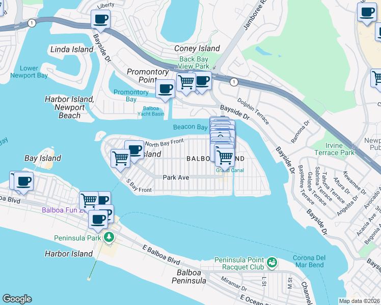 map of restaurants, bars, coffee shops, grocery stores, and more near 310 Coral Avenue in Newport Beach