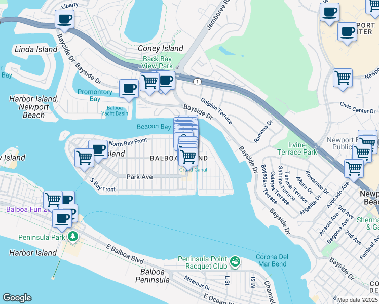 map of restaurants, bars, coffee shops, grocery stores, and more near 206 Marine Avenue in Newport Beach
