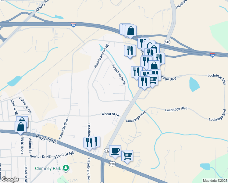 map of restaurants, bars, coffee shops, grocery stores, and more near 10125 Broken Branch Court in Covington