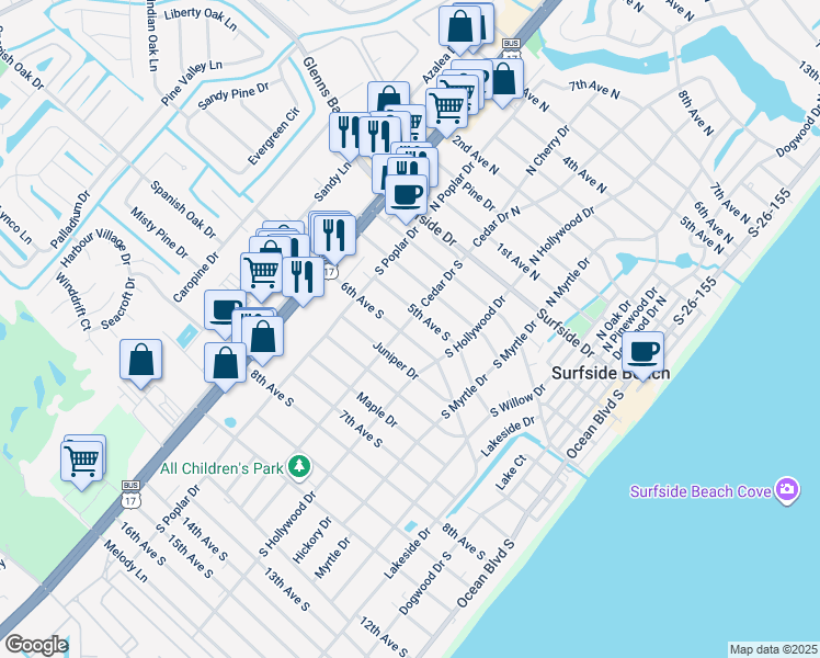 map of restaurants, bars, coffee shops, grocery stores, and more near 624 6th Avenue South in Surfside Beach