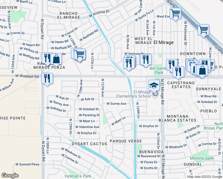 map of restaurants, bars, coffee shops, grocery stores, and more near 12626 West Willow Avenue in El Mirage
