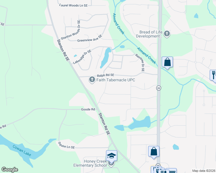 map of restaurants, bars, coffee shops, grocery stores, and more near 3096 Goode Road in Conyers