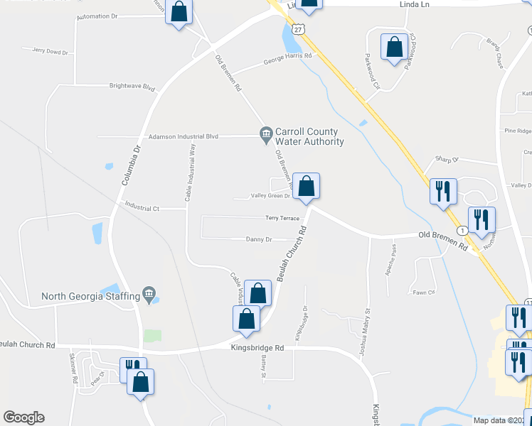 map of restaurants, bars, coffee shops, grocery stores, and more near 77 Terry Terrace in Carrollton