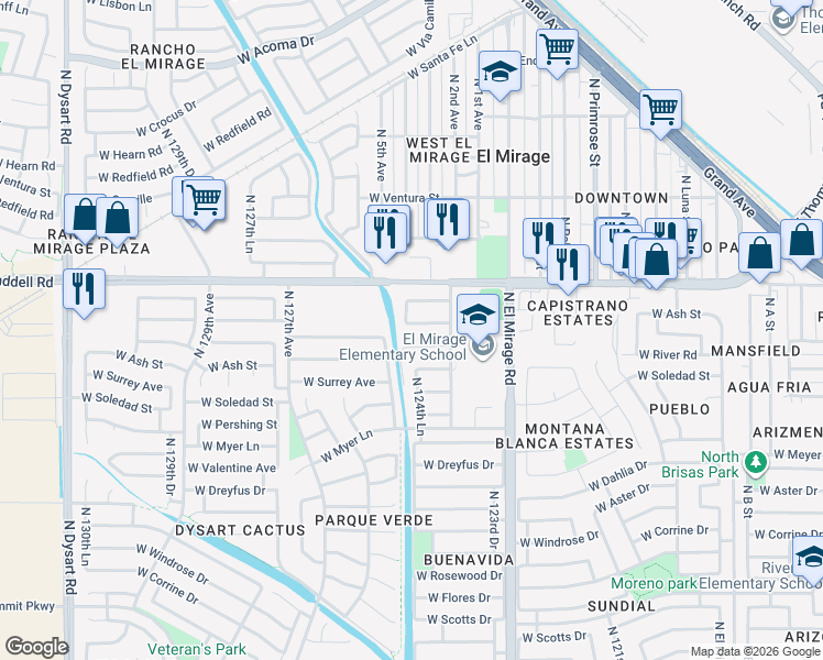 map of restaurants, bars, coffee shops, grocery stores, and more near 12437 West Willow Avenue in El Mirage