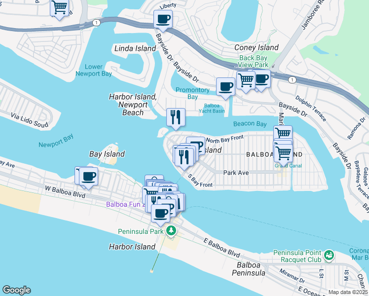 map of restaurants, bars, coffee shops, grocery stores, and more near 200 Garnet Avenue in Newport Beach