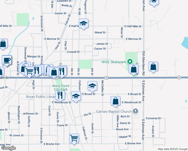 map of restaurants, bars, coffee shops, grocery stores, and more near 853 E Main St in West Point