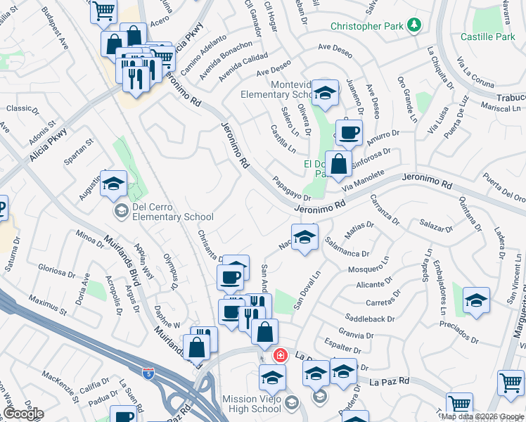 map of restaurants, bars, coffee shops, grocery stores, and more near 24481 Rosales Circle in Mission Viejo