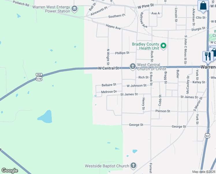map of restaurants, bars, coffee shops, grocery stores, and more near 1415 Bellaire Street in Warren